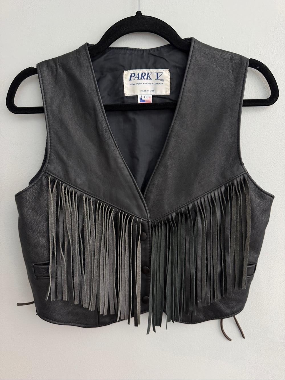 Vintage Park V Black Genuine Leather Fringe Vest, Size 8 (fits like a 6/Small)